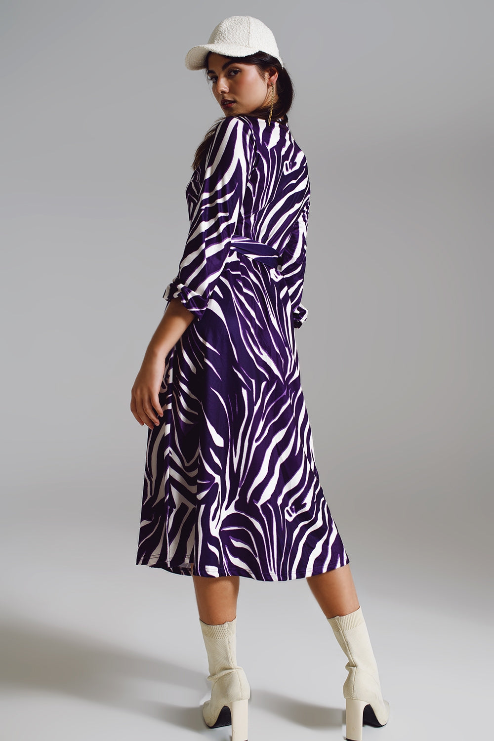 Robe portefeuille ceinturée Midi à imprimé zèbre violet et crème