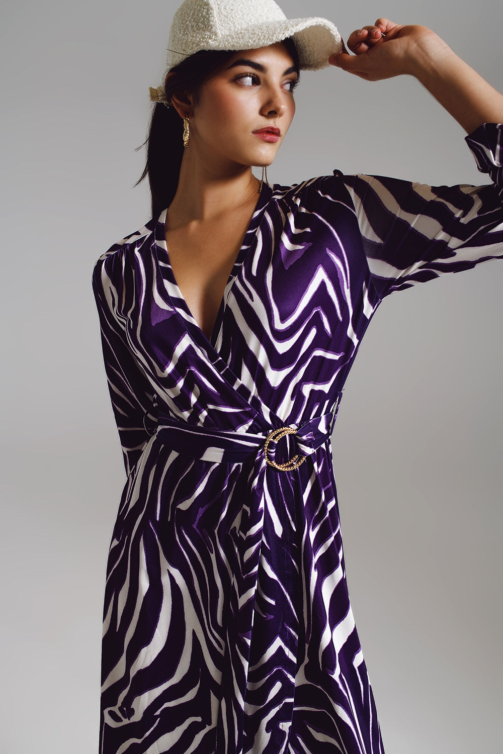 Robe portefeuille ceinturée Midi à imprimé zèbre violet et crème