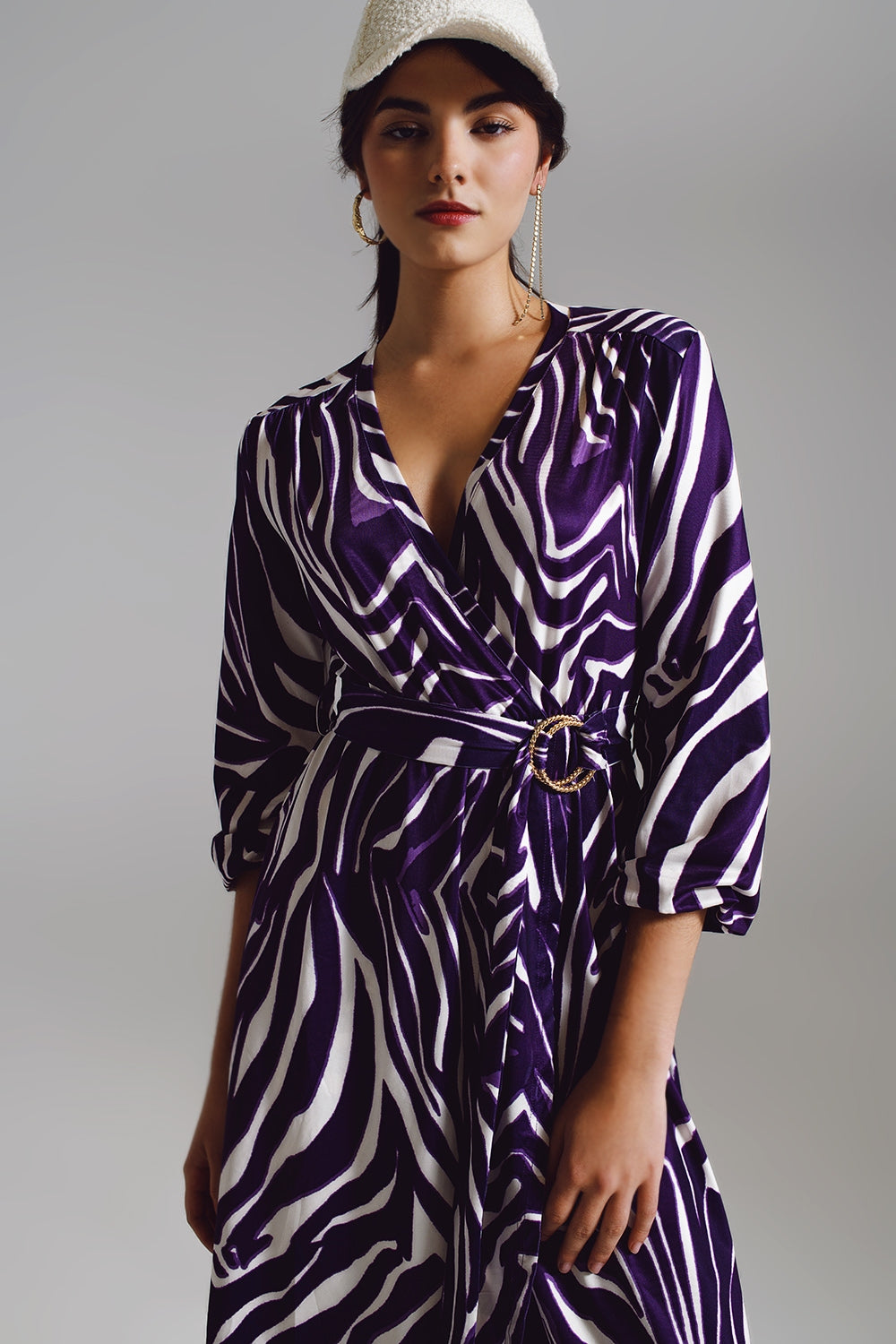 Robe portefeuille ceinturée Midi à imprimé zèbre violet et crème