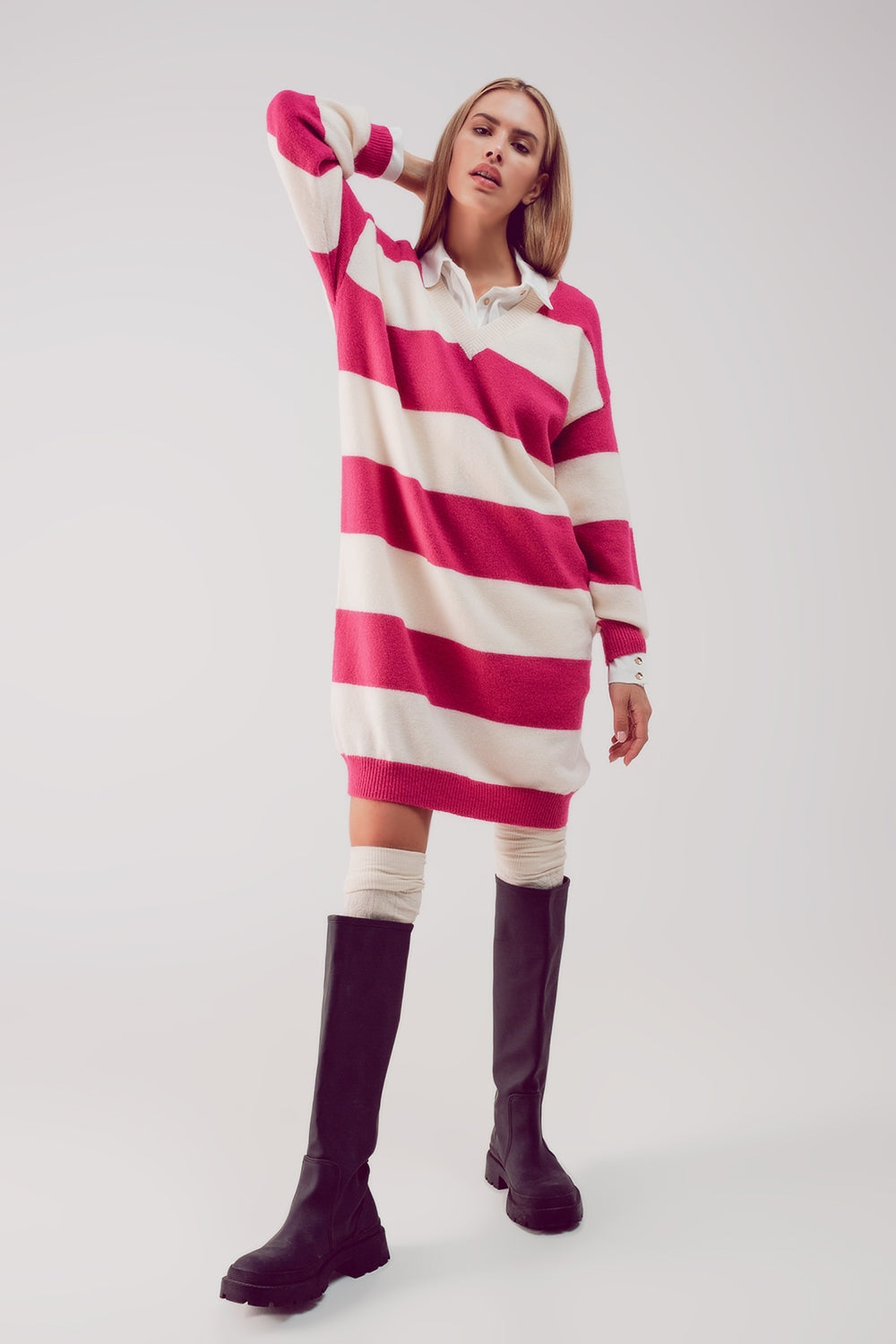 Robe pull à rayures fuchsia