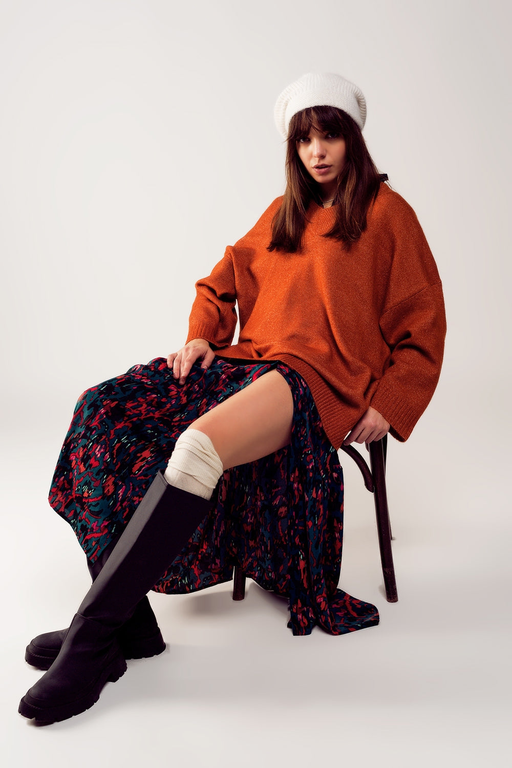 Q2 Robe pull oversize à col V orange