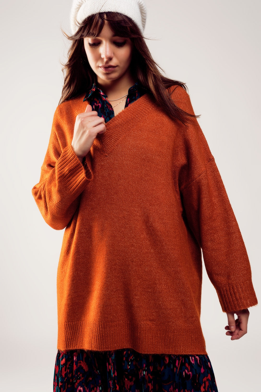 Robe pull oversize à col V orange