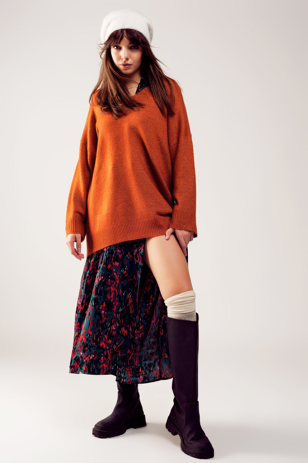 Robe pull oversize à col V orange