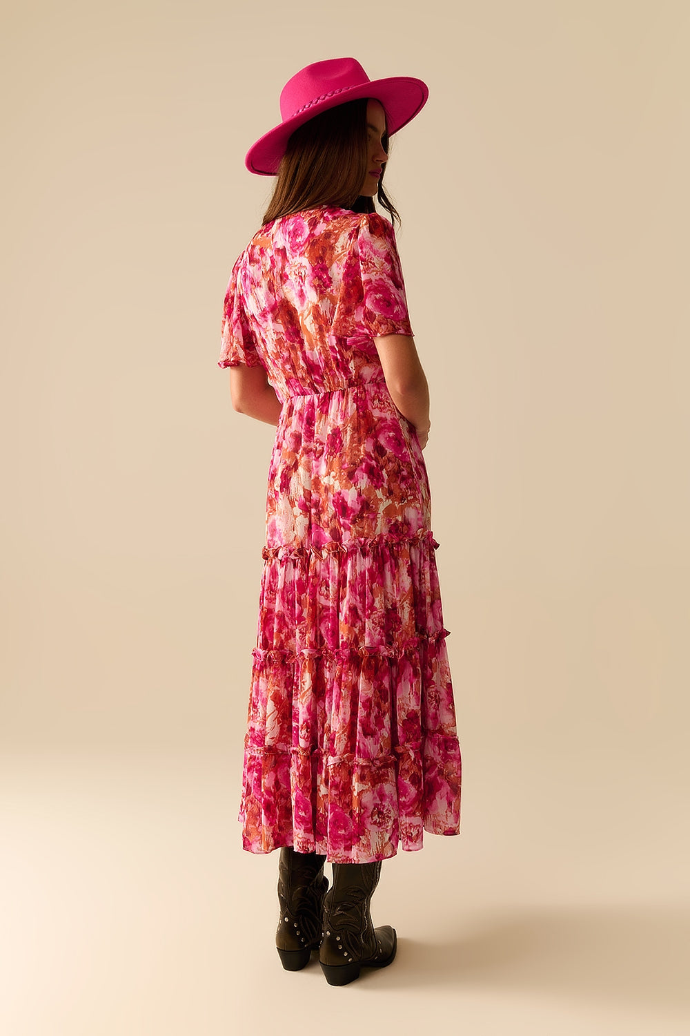 Robe Romantique Maxi à Étages avec Imprimé Floral en Chiffon Rose