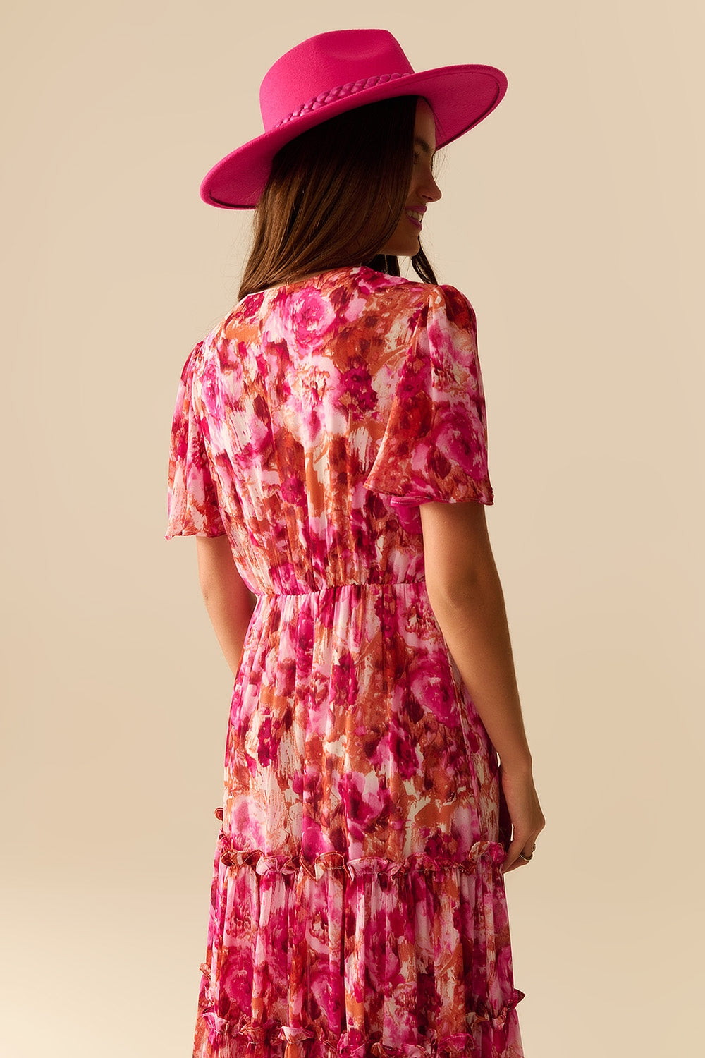 Robe Romantique Maxi à Étages avec Imprimé Floral en Chiffon Rose