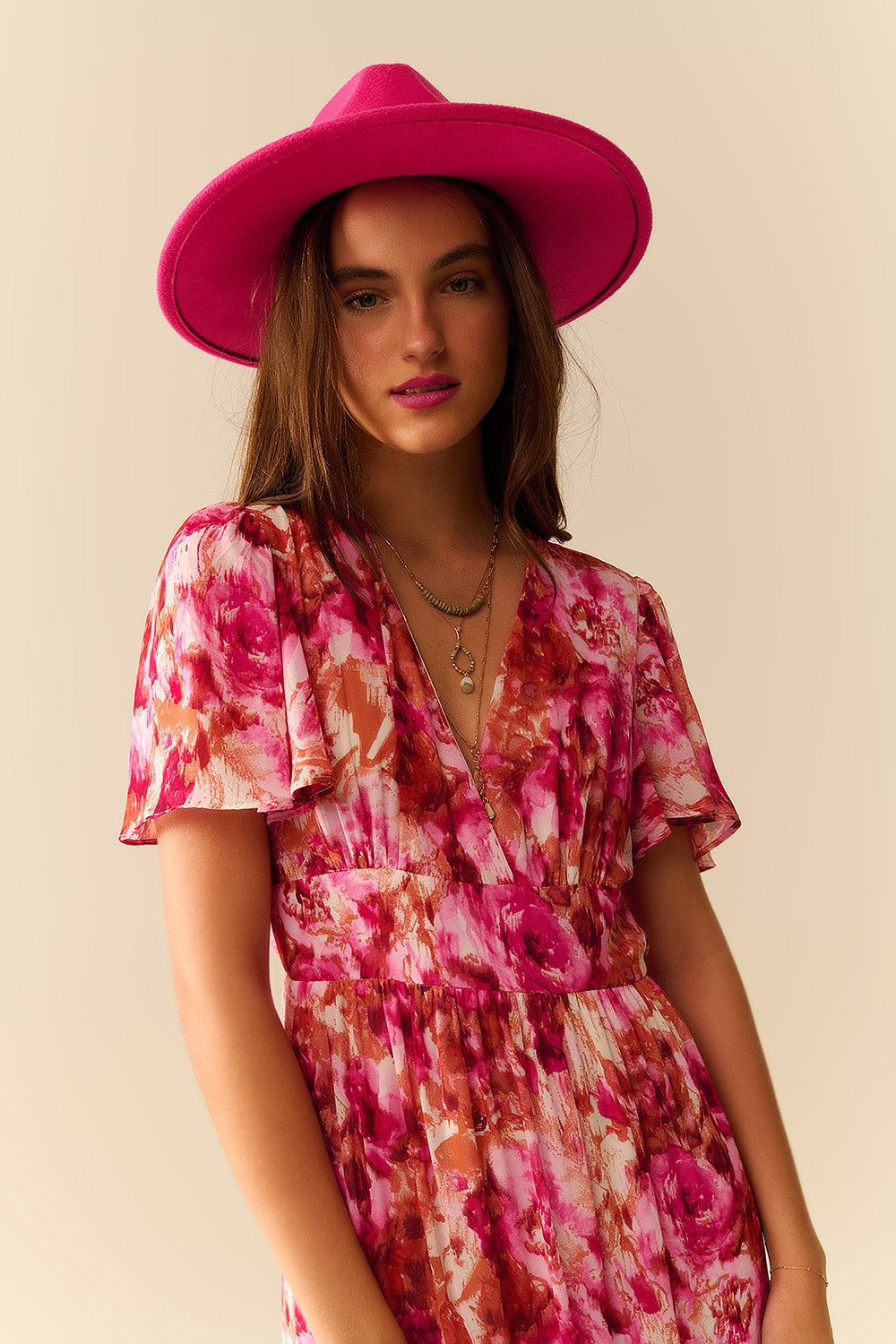 Robe Romantique Maxi à Étages avec Imprimé Floral en Chiffon Rose