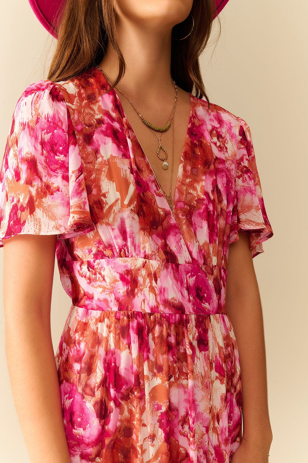 Robe Romantique Maxi à Étages avec Imprimé Floral en Chiffon Rose