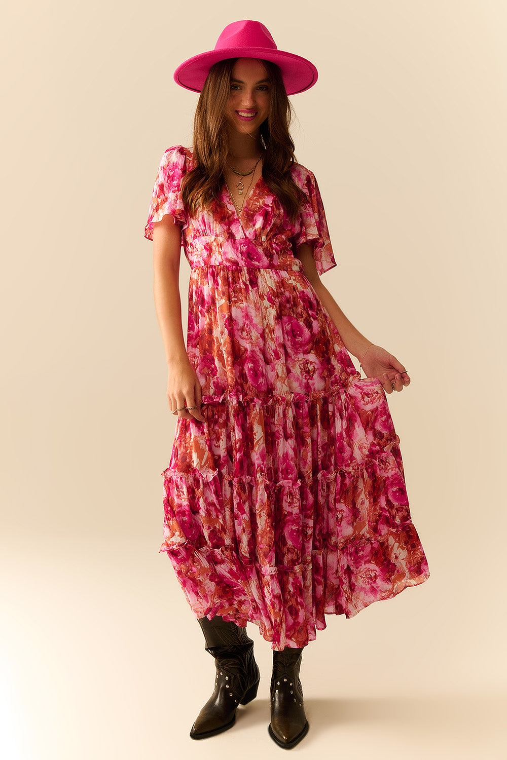 Robe Romantique Maxi à Étages avec Imprimé Floral en Chiffon Rose
