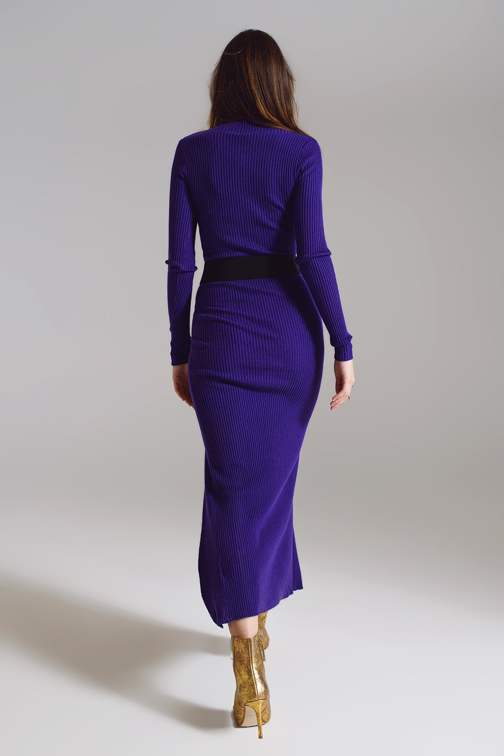 Robe tricotée maxi à col roulé en violet