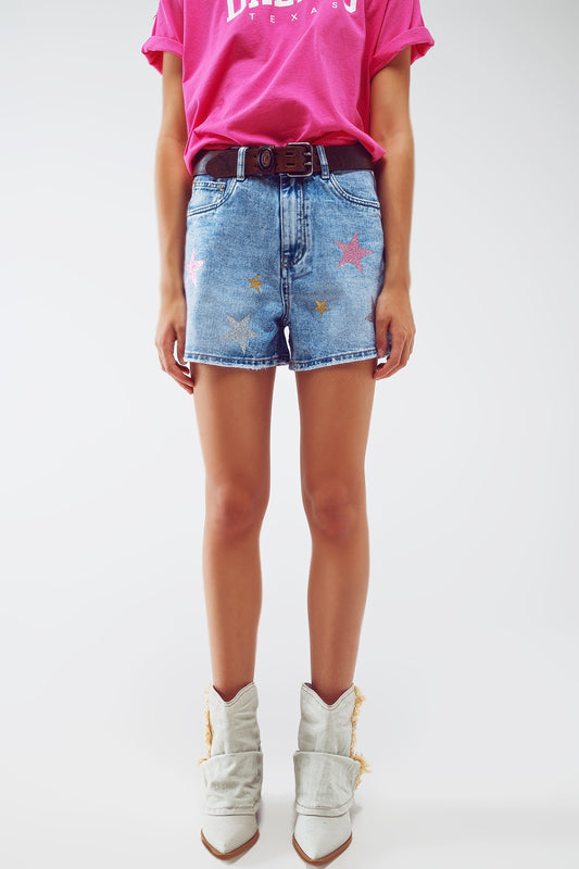 Q2 Short en denim avec étoiles laminées en lavage clair