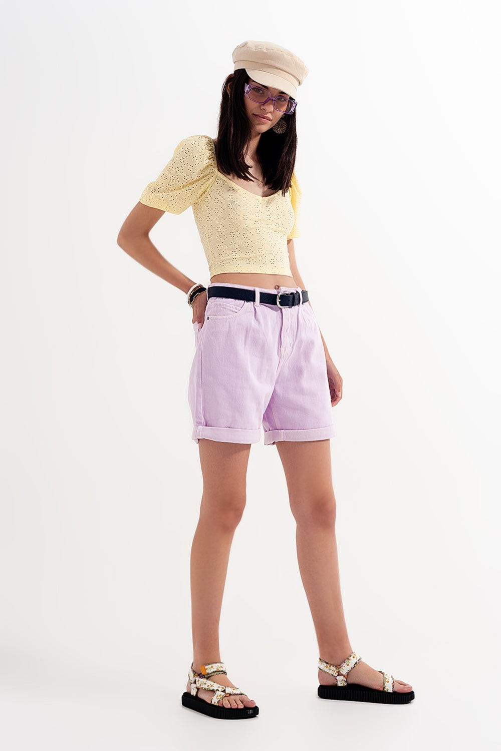 Short mom en jean lilas