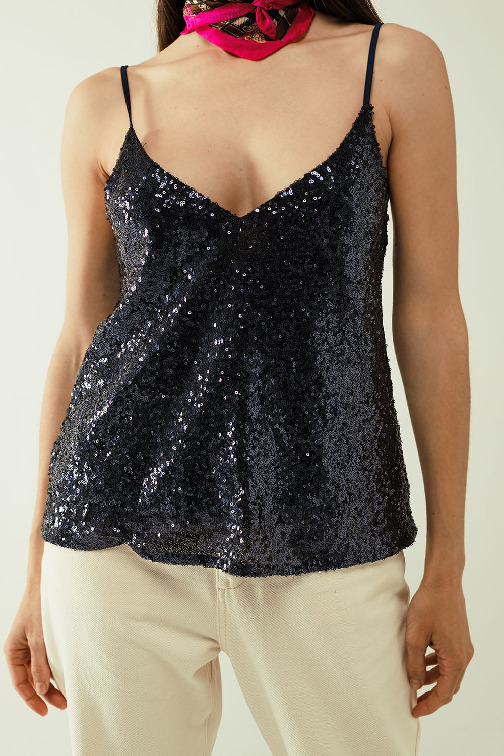 Spaguetti - Top à bretelles avec décolleté en V profond et paillettes bleues