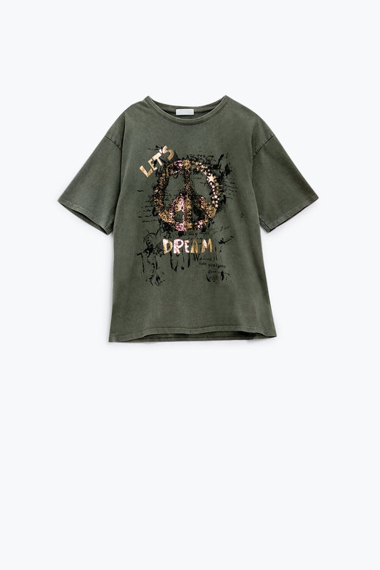 Q2 T-shirt à manches courtes avec motif graphique Peace Sign sur le devant en kaki