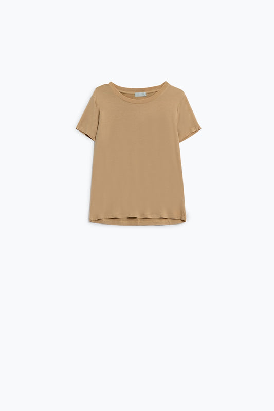 Q2 T-shirt basique en viscose à col rond de couleur camel