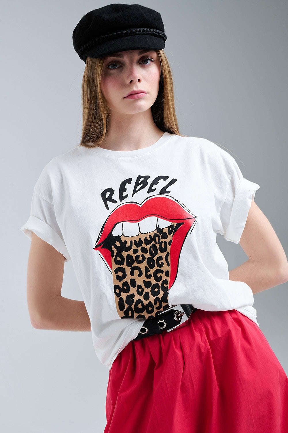 T-shirt blanc décontracté avec imprimé graphique Rebel et Lips