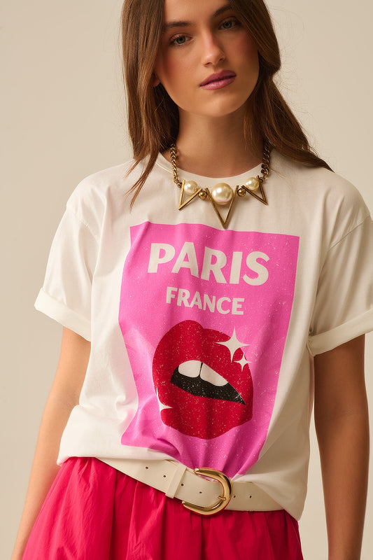 Q2 T-shirt blanc décontracté avec imprimé lèvres made in Italy