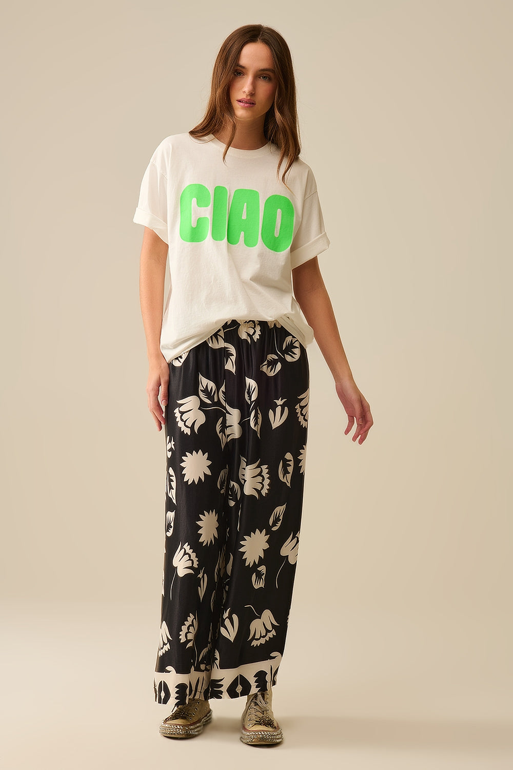 T-Shirt blanc décontracté CIAO avec lettres vertes