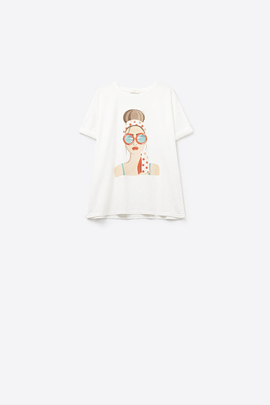 Q2 T-shirt blanc fabriqué en Italie avec un motif de fille vintage