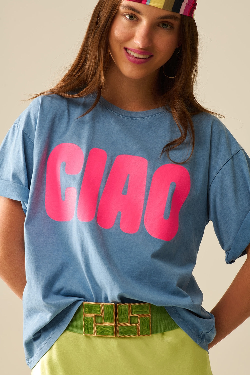 T-Shirt bleu décontracté CIOA avec lettres roses
