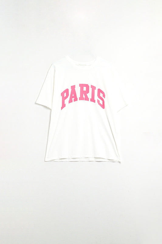 Q2 T-shirt décontracté blanc Paris avec lettres roses