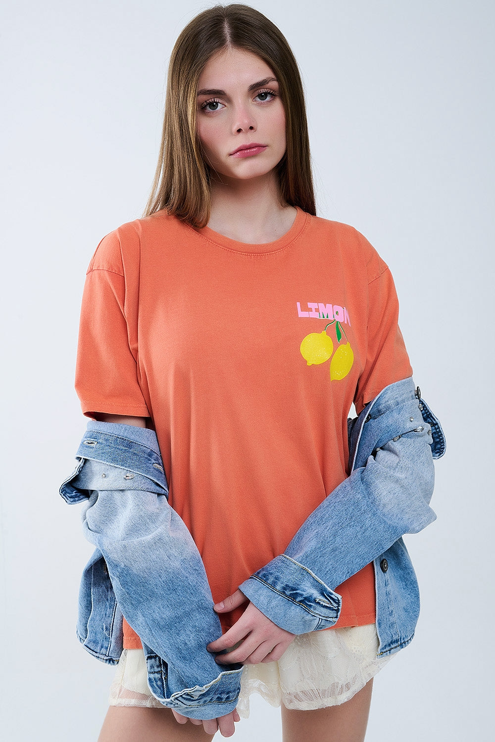 t-shirt décontracté orange avec imprimé citron