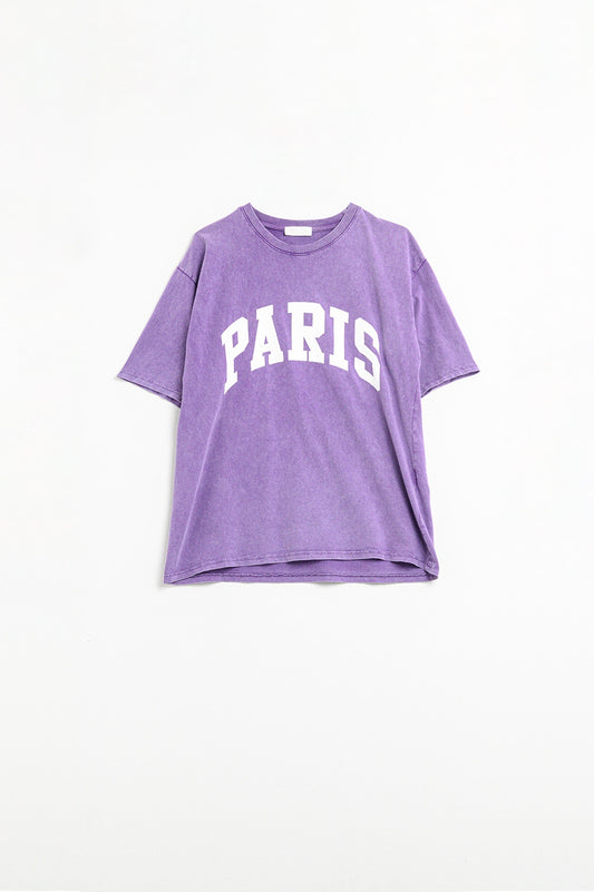 Q2 T-shirt décontracté violet Paris avec lettres blanches