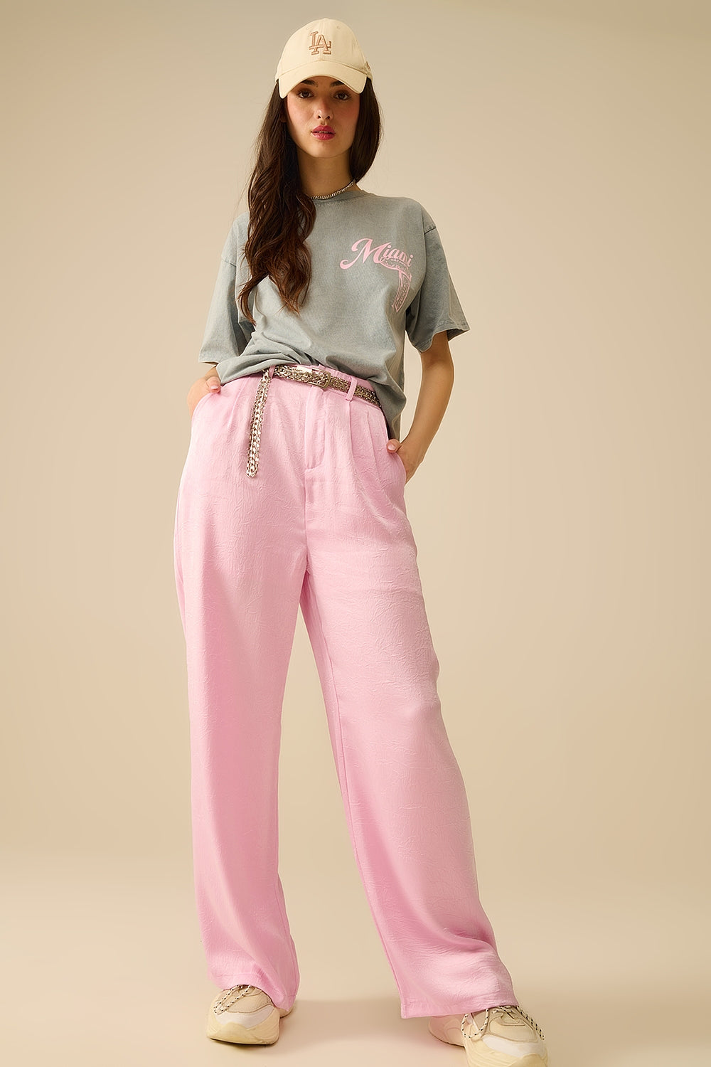 T-shirt gris avec logo Miami imprimé en rose