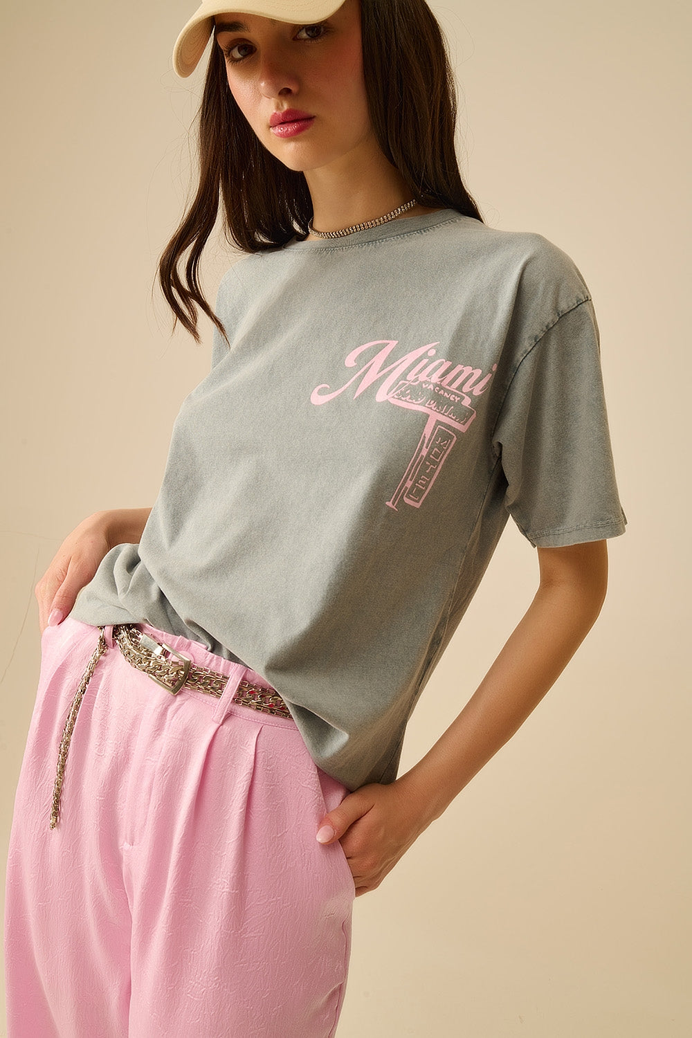 T-shirt gris avec logo Miami imprimé en rose