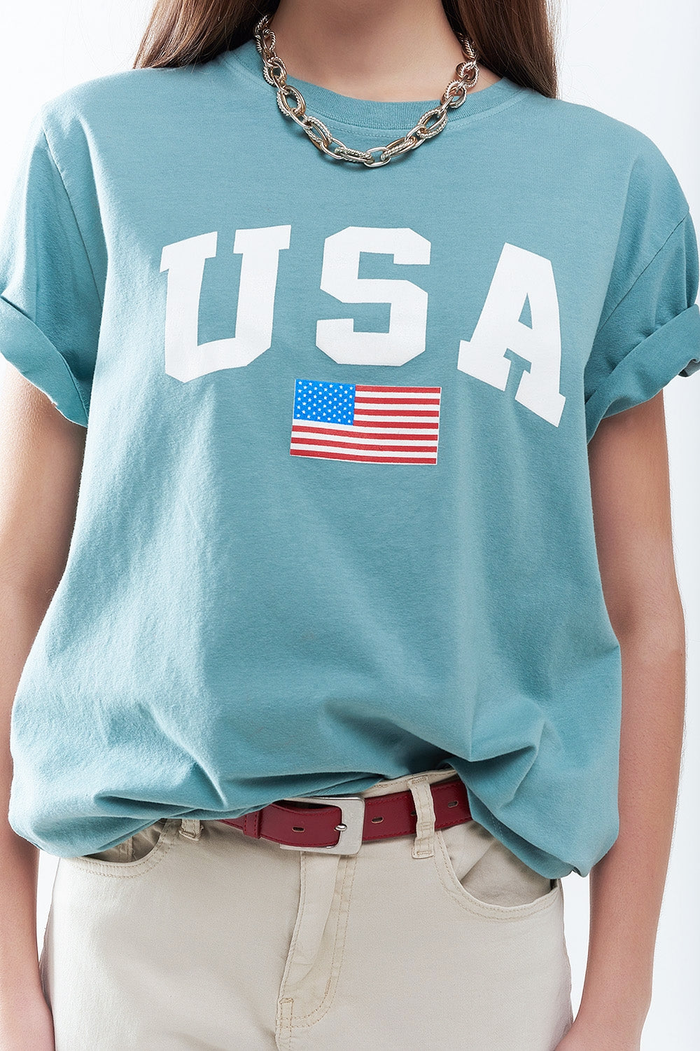 T-shirt long ample vert avec logo USA