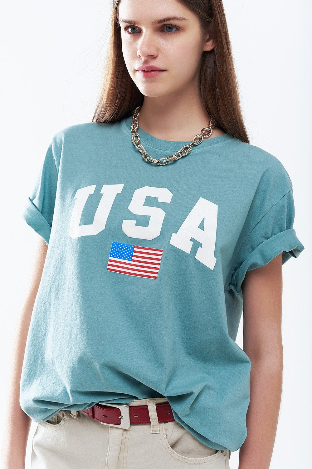T-shirt long ample vert avec logo USA