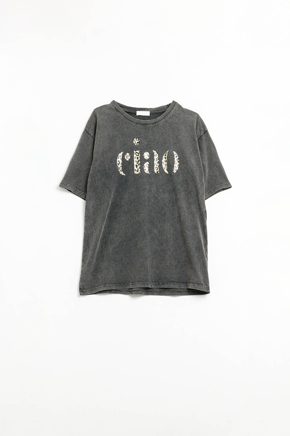 T-shirt noir décontracté délavé avec Ciao en imprimé léopard