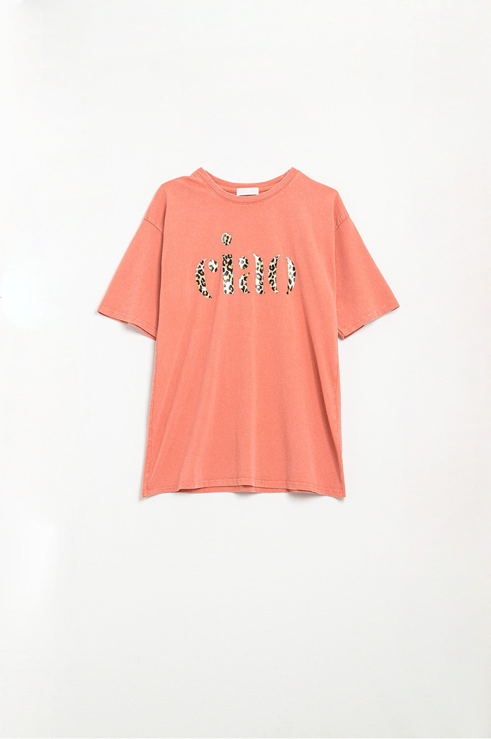 Q2 T-shirt orange décontracté avec Ciao en imprimé léopard