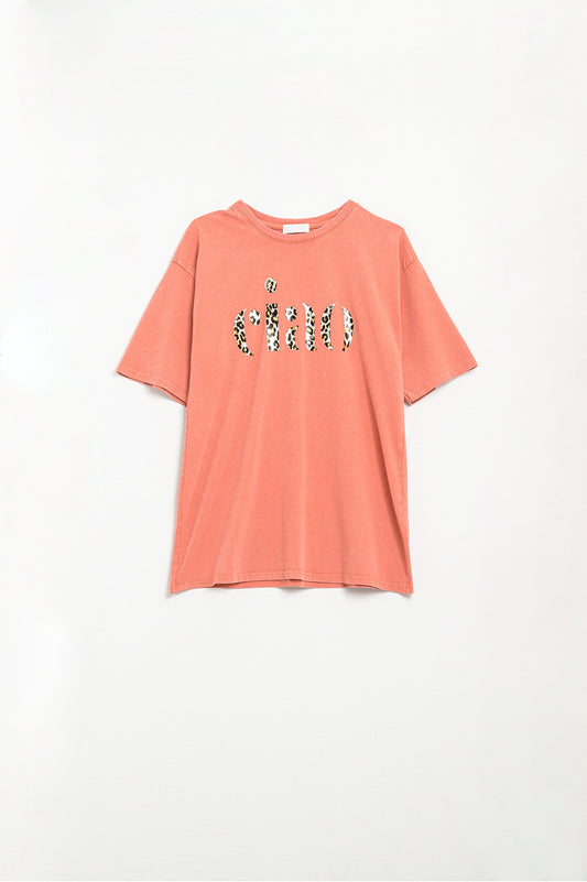 Q2 T-shirt orange décontracté avec Ciao en imprimé léopard