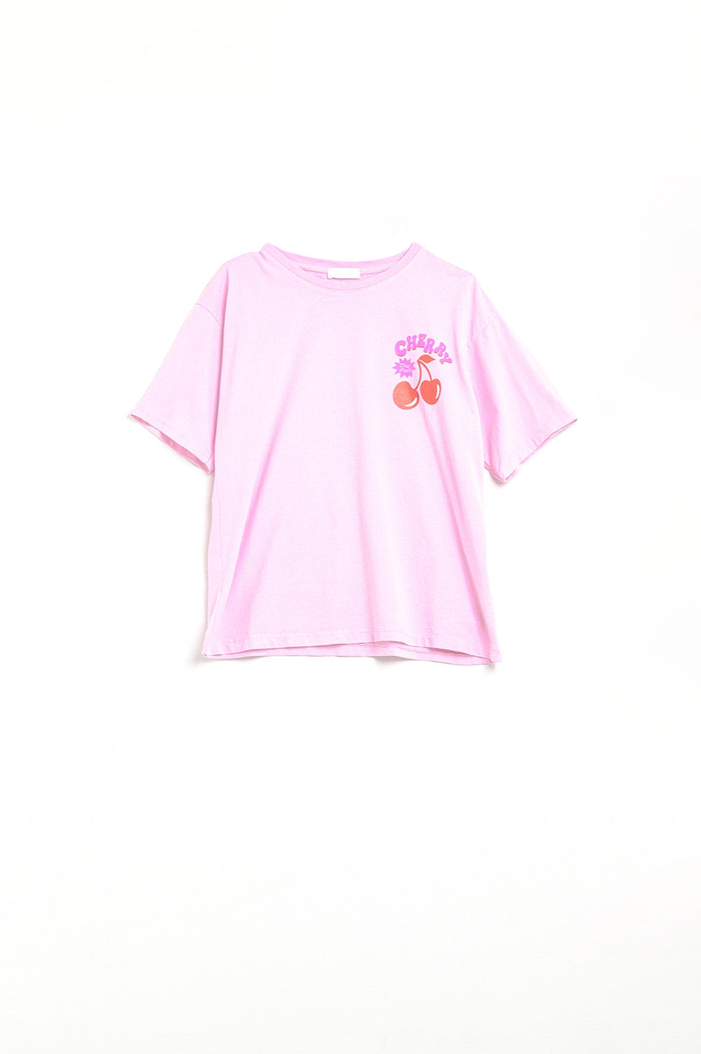 Q2 T-shirt rose avec cerise dans le logo et les lettres