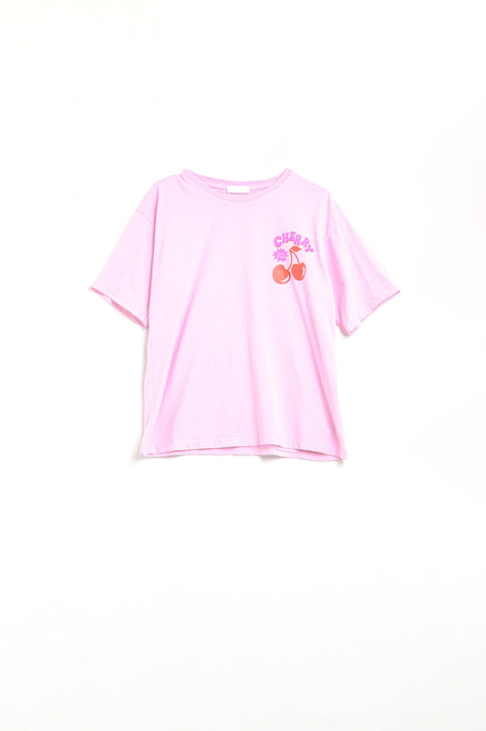 Q2 T-shirt rose avec cerise dans le logo et les lettres