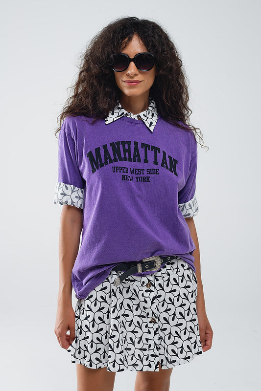 Q2 T-shirt violet avec texte manhattan