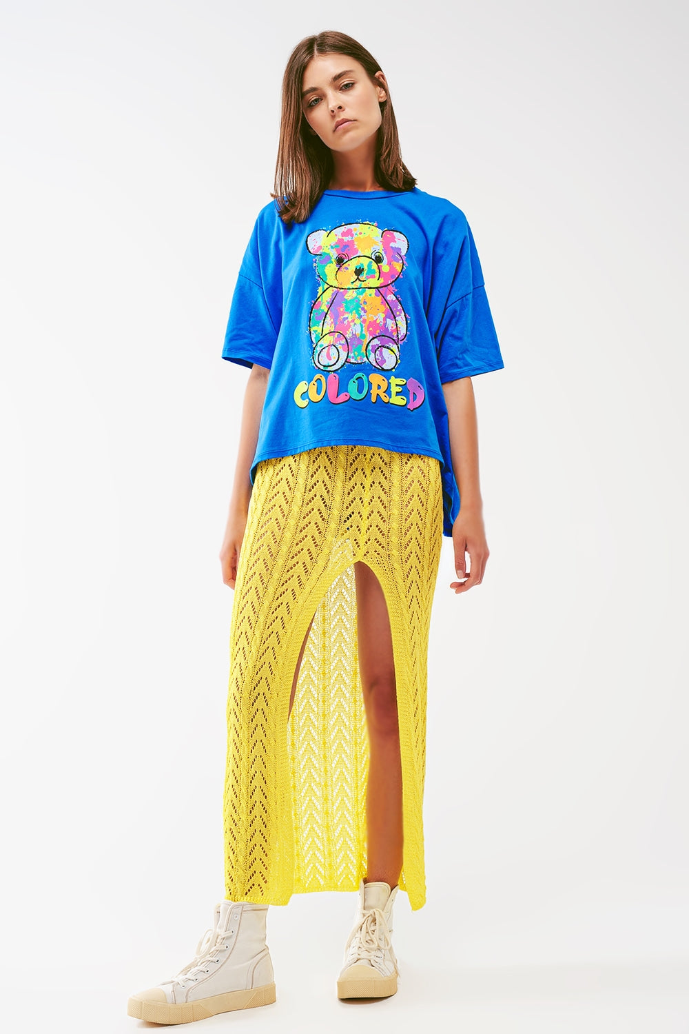 tee-shirt bleu ample avec ours couleuré