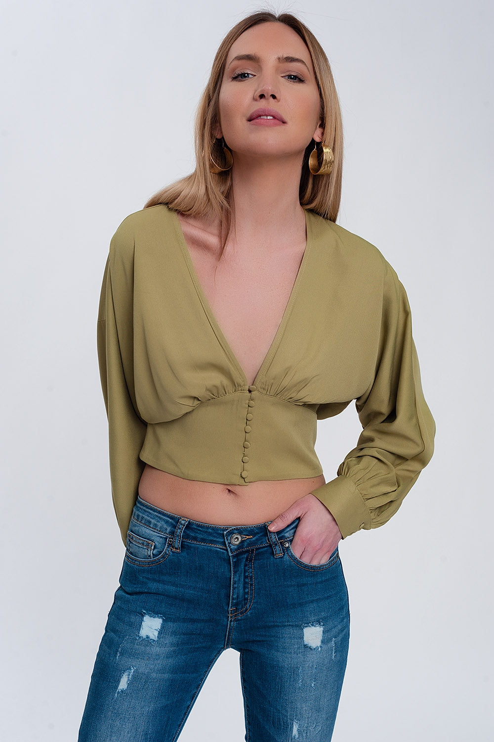 Top à manches bouffantes vert