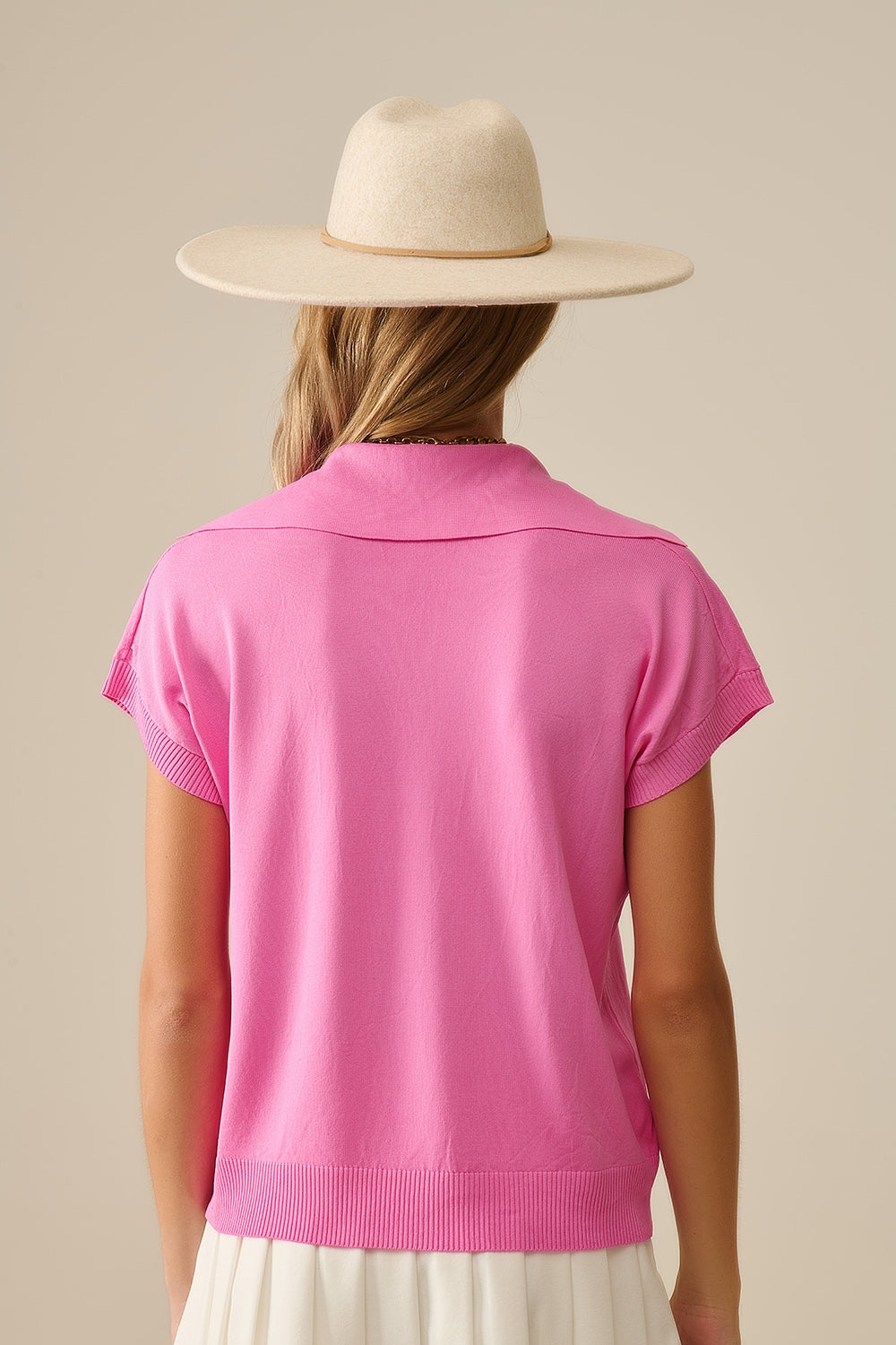 Top à manches courtes de type polo en maille fine Fuchsia