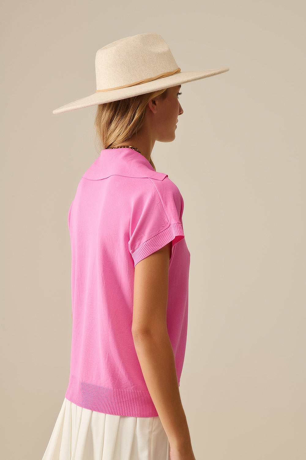 Top à manches courtes de type polo en maille fine Fuchsia