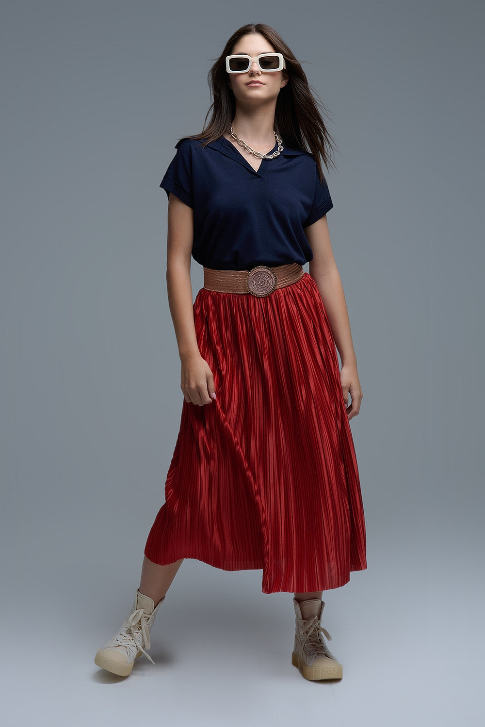 Top à manches courtes de type polo en tricot fin marine