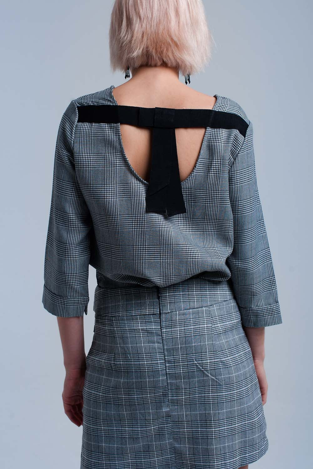 Top à motif tartan gris avec rubans