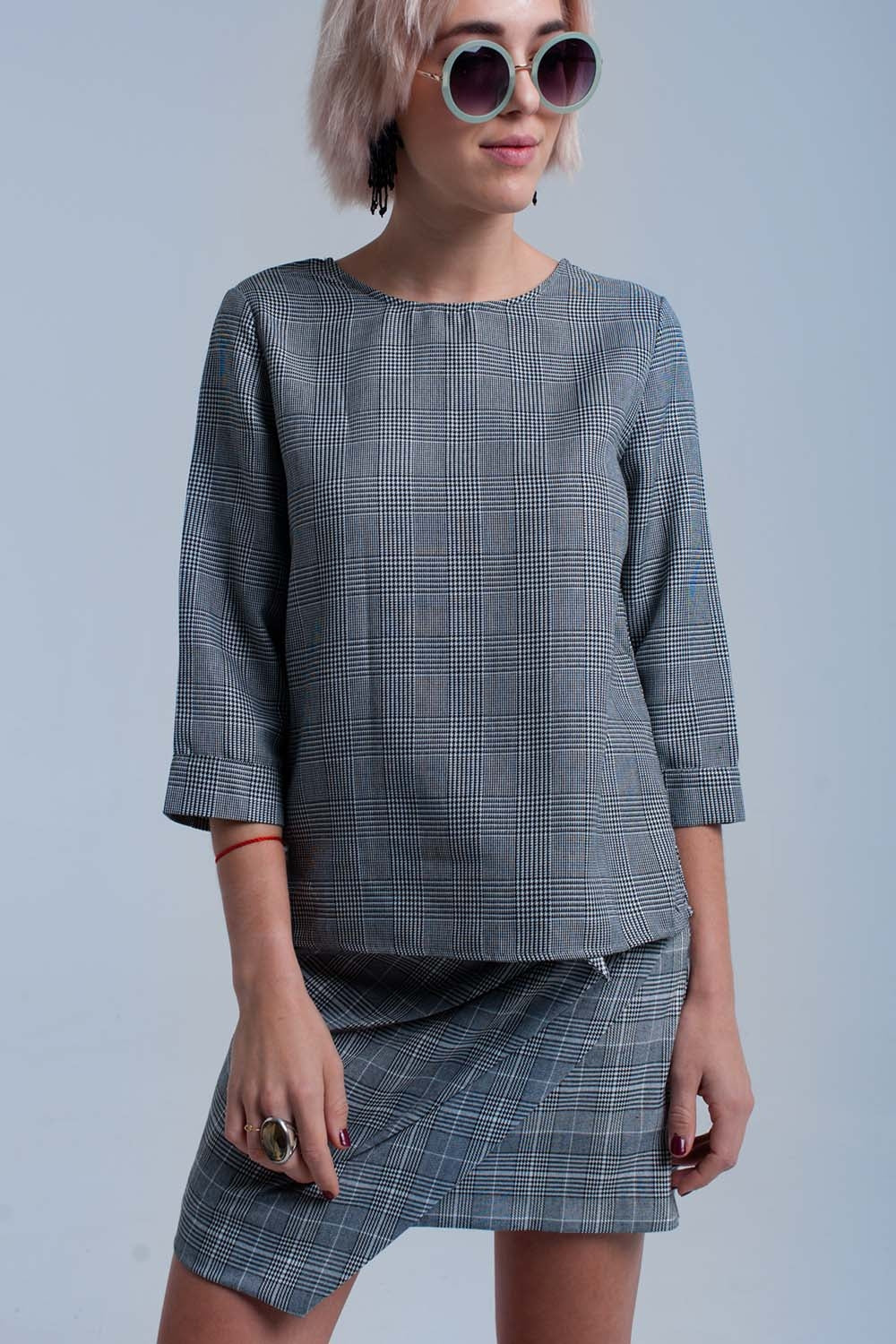 Top à motif tartan gris avec rubans
