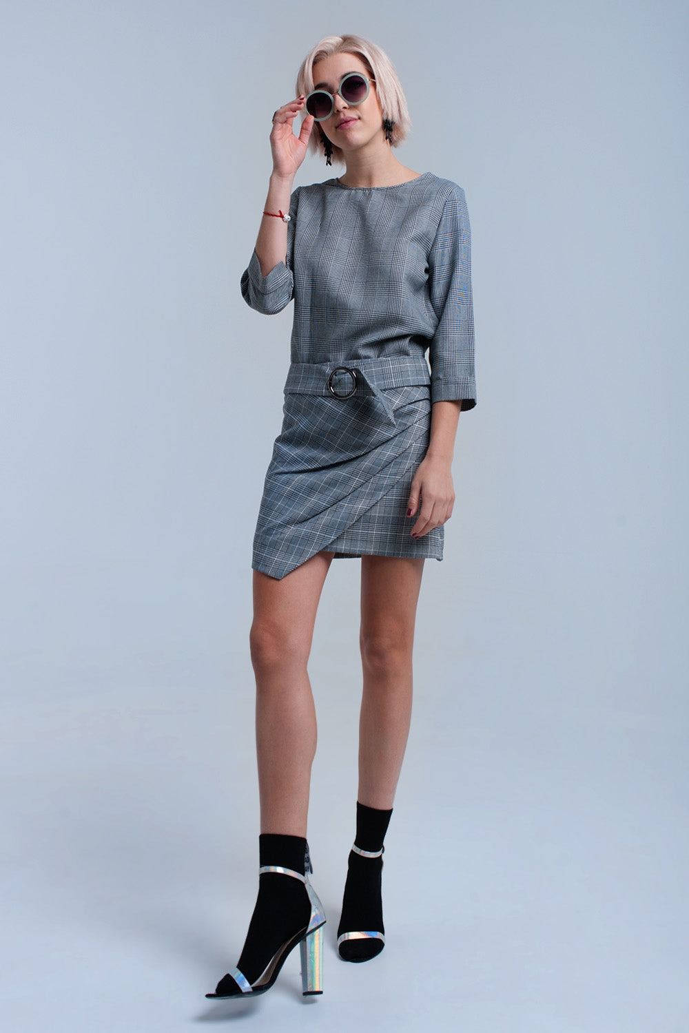 Top à motif tartan gris avec rubans
