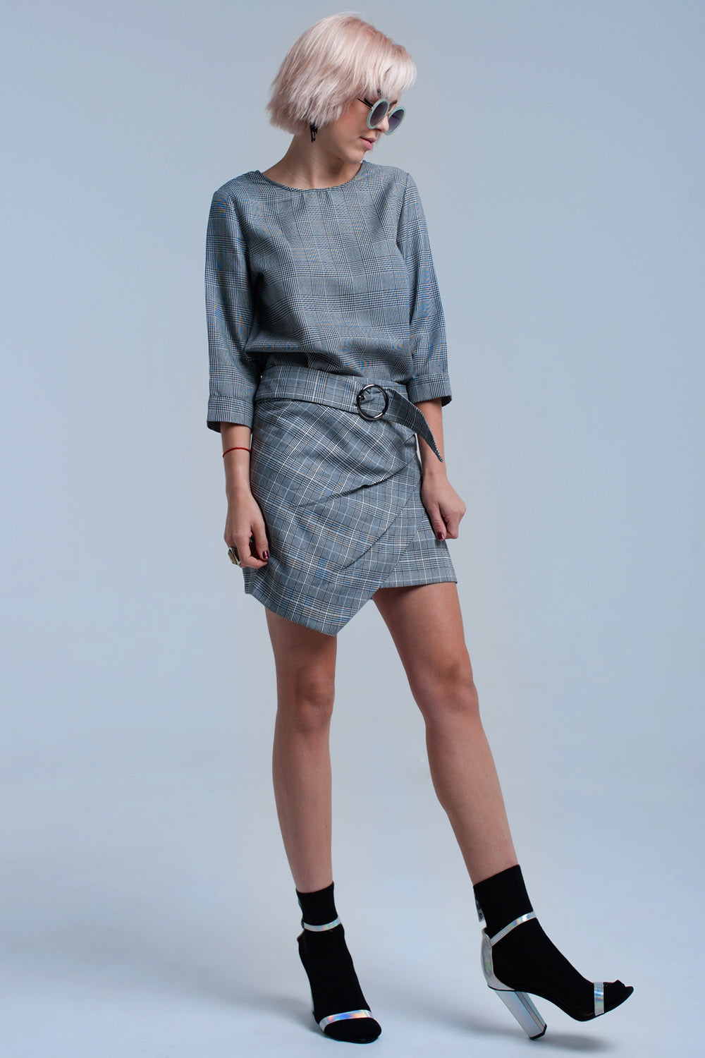 Top à motif tartan gris avec rubans