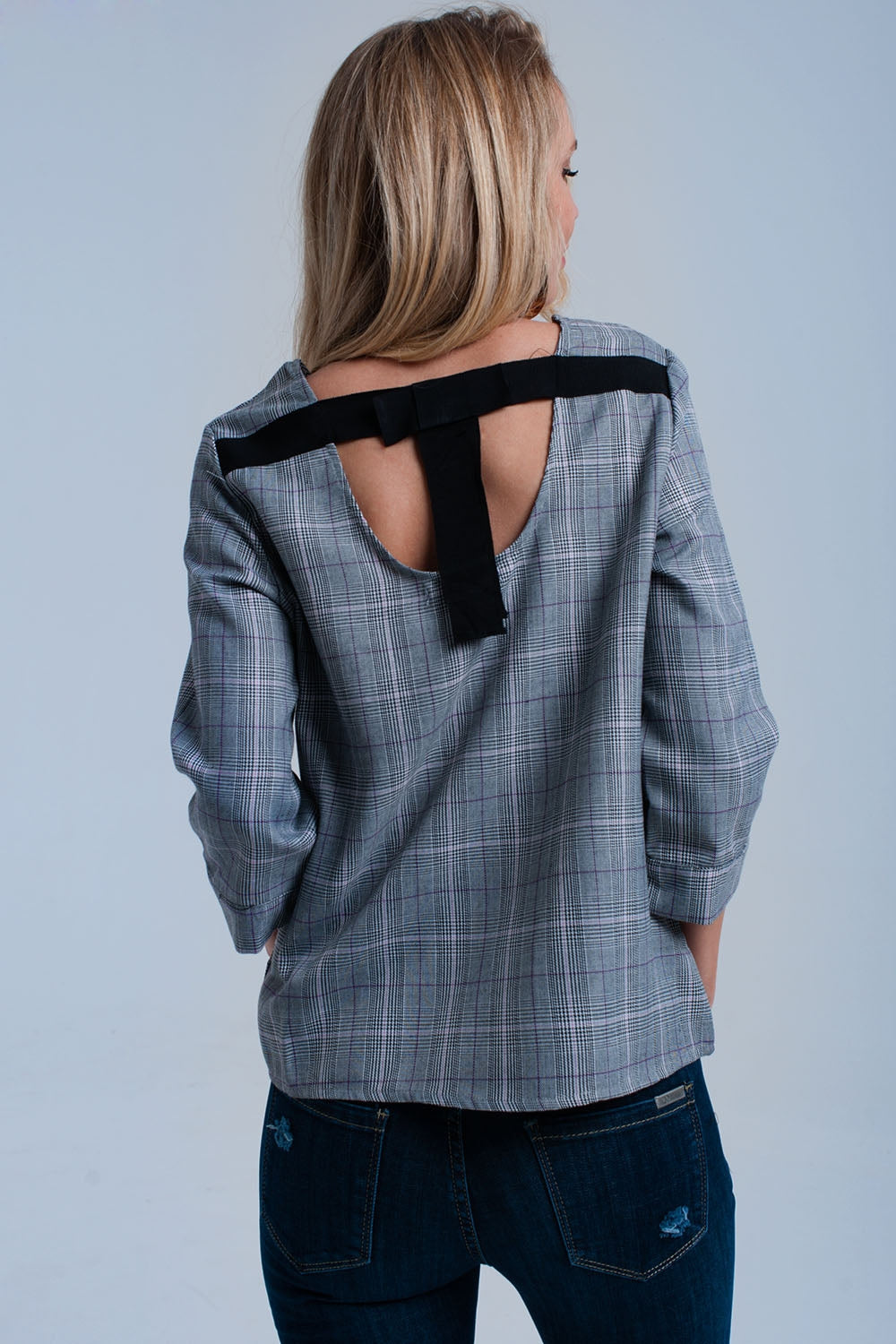 Top à motif tartan violet avec rubans