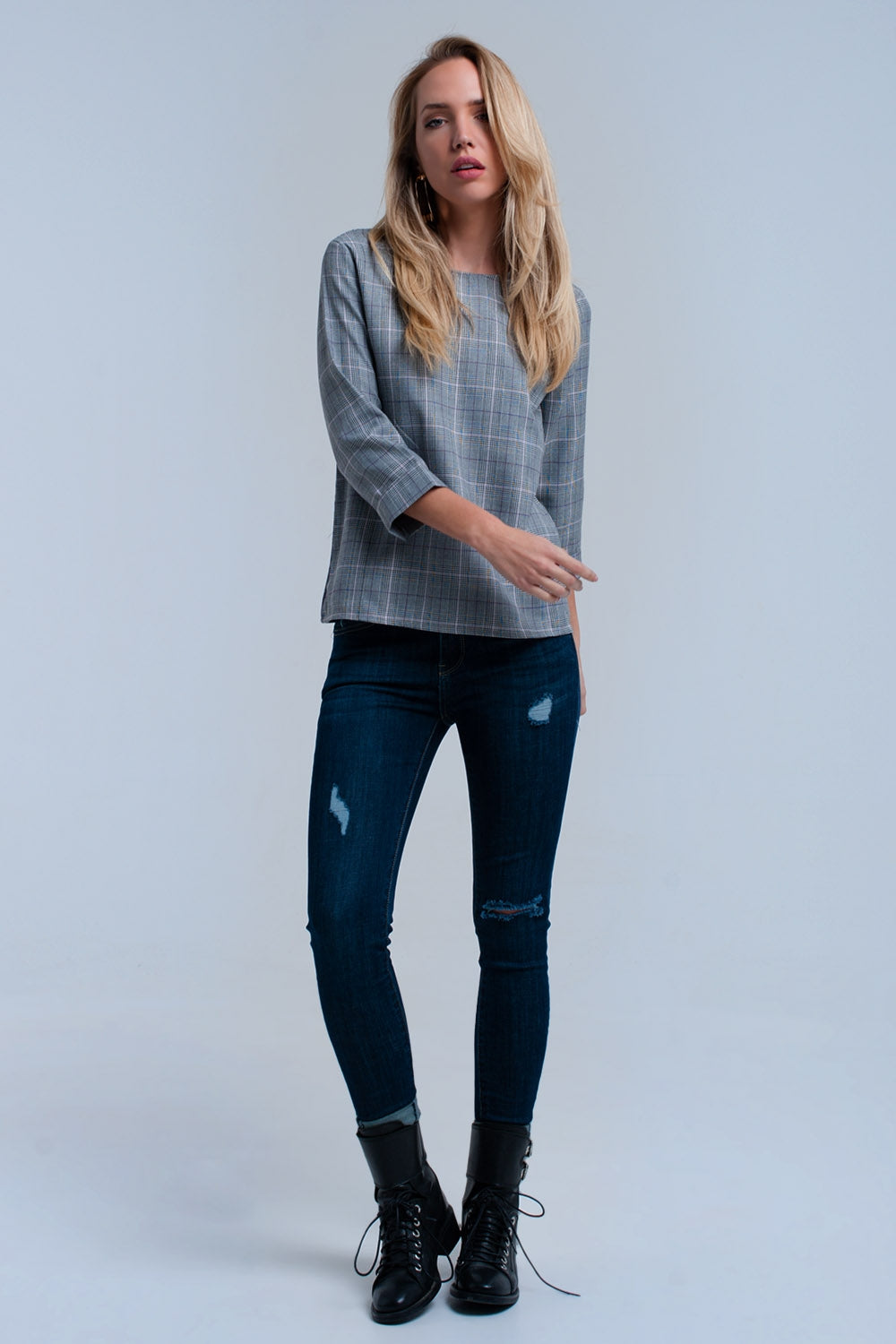 Top à motif tartan violet avec rubans