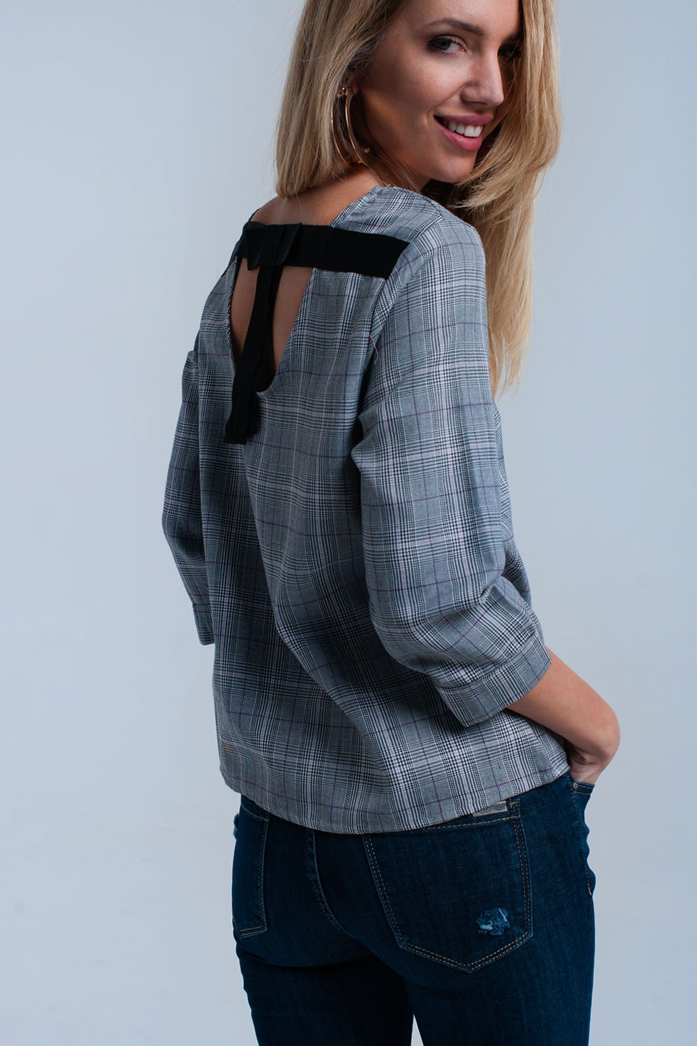 Top à motif tartan violet avec rubans