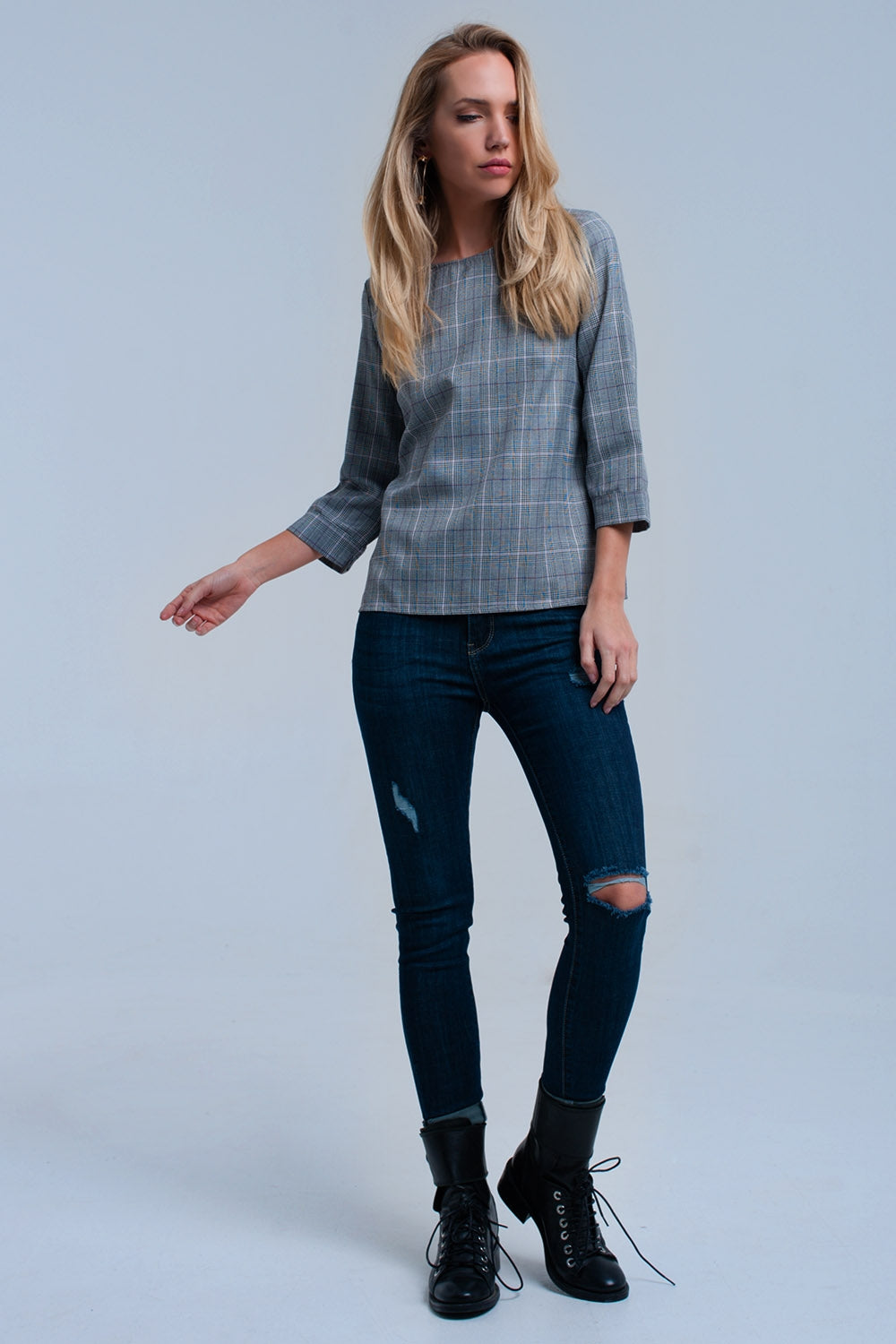 Top à motif tartan violet avec rubans