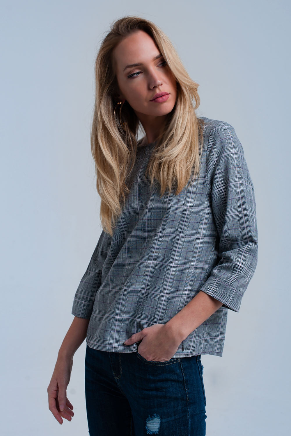 Top à motif tartan violet avec rubans